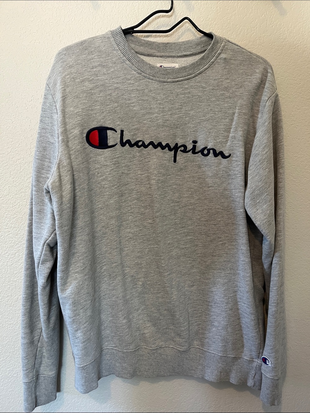 Champion Heather Gray Crewneck with Navy & Red Script Logo